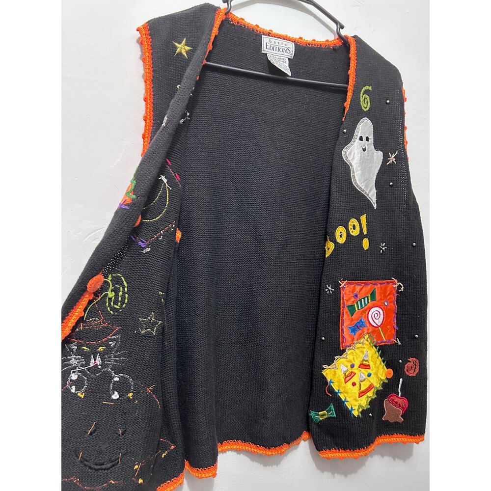 VTG Basic Editions Halloween Sweater Vest XL Blk Pumpkin Ghost Witch Cat Cottage - Picture 4 of 10